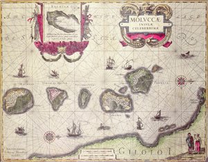 Kort over den molukkanske ø, graveret af Jodocus Hondius, 1630 (farvegravering)