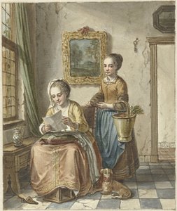 Siddende kvinde med stuepige, læser et brev