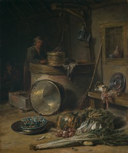 Bondeinteriør med kvinde ved en brønd, ca. 1642-43 (olie på panel) af Willem Kalf