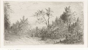 Bakket landskab med vandrere og hund i udkanten af ​​skoven af Willem Matthias Jan van Dielen
