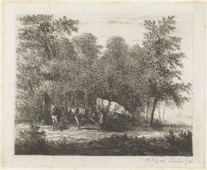 Landskab med en mand med en fuldt læsset vogn og en spændt hest af Willem Matthias Jan van Dielen