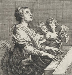 Sankt Cecilia spiller orgel med to putti til højre, ca. 1631.