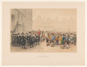 Tredje gruppe af Utrecht maskerade i 1856 Regering (titel på objekt) Vort fædreland omkring midten af ​​1600-tallet, foreslået af H.H. studerende, medlemmer af Mutua Fides, til fejring af 220-års jubilæet for Utrechtsche Hoogeschool, den 25. juni
