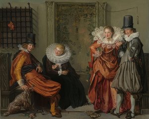 Elegant par, der bejler til hinanden. Omkring 1616-20