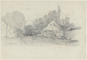 Udsigt over en gade med en vogn i Barbizon af Willem Roelofs (I)