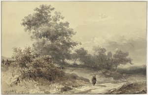 Landskab med buske og en figur på en landevej af Willem Roelofs (I)