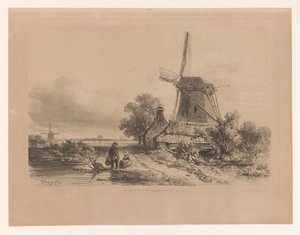 Vindmølle i et landskab med to figurer af Willem Roelofs (I)