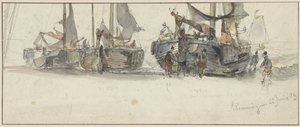 Fiskerbåde på stranden i Scheveningen af Willem Roelofs (I)