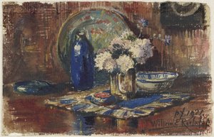 Stilleben med blå flaske og vase med blomster af Willem Roelofs (II)