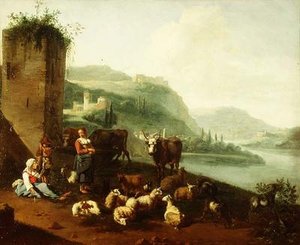 Et italiensk landskab med bønder, kvæg, får og geder ved et springvand