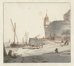 Udsigt over en havn nær en bymur af Willem Schellinks
