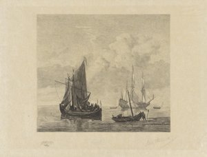 Sejlskibe på stille hav af Willem Steelink (II) (signed by artist)