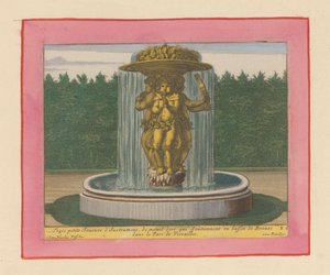 Brunnen mit einer Statue von drei Musikern, die eine Schale über ihren Köpfen tragen af Willem Swidde