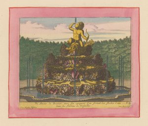 Brunnen mit einer Statue eines Putto mit Bogen in der Hand, sitzend auf einem Delfin af Willem Swidde