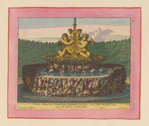 Brunnen mit einer Statue von zwei geflügelten Putti, die eine Leier tragen af Willem Swidde