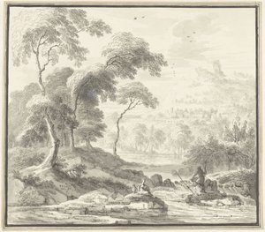 Idyllisk bakkelandskab med kvinder ved et vandløb af Willem Troost (I)