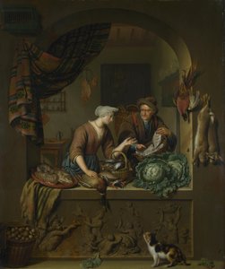 En kvinde og en fiskekræmmer i et køkken, 1713