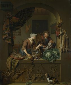 Kvinde og fiskehandler i køkkenet. 1713 af Willem Van Mieris