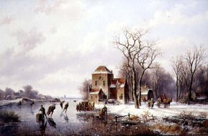 Vinterscene med en hest og vogn på en bane (olie på lærred) af Willem Vester