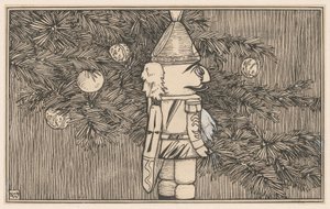Nøddeknækker i husarkappe ved et juletræ