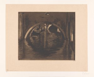 Udsigt under en bro med to robåde Under broen, Venedig (original titel) af Willem Witsen (signed by artist)