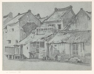 Bagfacader af huse ved en flod i Batavia af Willem Arnoldus Witsen