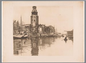 Udsigt over Montelbaanstoren i Amsterdam Gamle Schans med Montelbaanstoren og robåd (original titel) af Willem Arnoldus Witsen