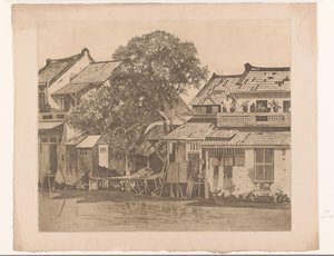 Udsigt over huse ved en flod i Batavia Huse på Kali. Træer mellem husene, Batavia (original titel) af Willem Arnoldus Witsen