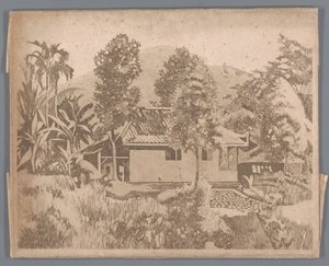 Hus med vulkanen Salak(?) i baggrunden, Buitenzorg af Willem Arnoldus Witsen