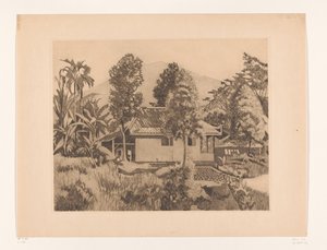 Hjem i Bogor med et bjerg i baggrunden Hus med vulkanen Salak(?) i baggrunden, Buitenzorg (original titel) af Willem Arnoldus Witsen