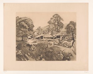 Hjem i Bogor før vulkanerne Salak og Gede Huse i kampong med vulkanerne Salak og Gedeh i baggrunden, Buitenzorg (original titel) af Willem Arnoldus Witsen