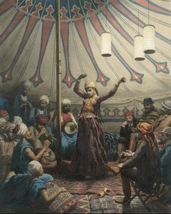 Egyptisk danser i et telt med musikere og tilskuere