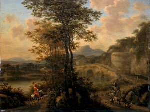 Italiensk flodlandskab med stenbro, 1650