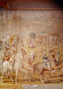 Erobring af Tunis af kejser Charles V i 1535: repræsentation af kejseren og spædbarnet Don Luis. Detalje af et gobelin af Willem de Pannemaker (aktiv omkring 1535-1554) 1554 Alcazar de Seville