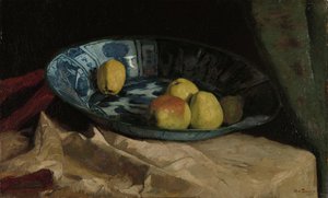 Stilleben med æbler i en Delft blå skål af Willem de Zwart