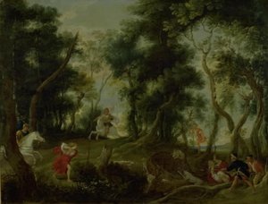 Landskab med Atalanta og Meleager, der jager Calydonian ornen af Willem van Herp