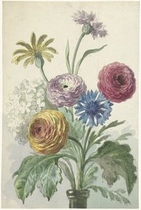 Buket blomster i halsen på en grøn vase