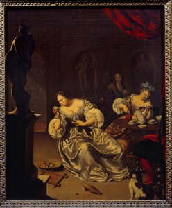 Kvinderne fra den hollandske adel tager teen. Maleri af Willem van Mieris (1662-1747) (ec.holl.) 1700-tallet søn. 0,42x0,34 m