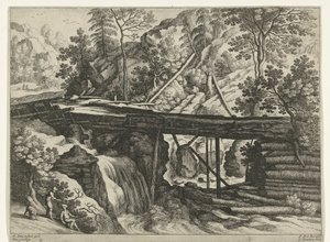 Bjerglandskab med træakvædukt Italienske landskaber (serietitel) af Willem van Nieulandt (II)