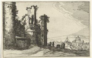 Udsigt over Rom fra Monte Pincio Romerske ruiner og kystlandskaber (serie 1) (serietitel) af Willem van Nieulandt (II)