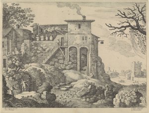 Italiensk landskab med kro af Willem van Nieulandt (II)