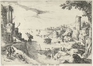 Landskab med Emmaus-rejsende Christ castellum Emaus petit (titel på objekt) Italienske landskaber med bibelske scener (serietitel) af Willem van Nieulandt (II)