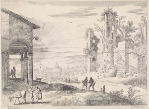 Landskab med den barmhjertige samaritaner på kroen Italienske landskaber (serietitel) af Willem van Nieulandt (II)