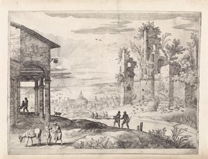 Landskab med den barmhjertige samaritaner på kroen Italienske landskaber (serietitel) af Willem van Nieulandt (II)
