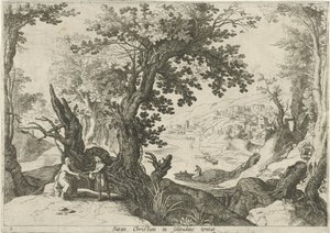 Landskab med Kristi fristelse Satan Christum in solitudine tentat (titel på objekt) Italienske landskaber med bibelske scener (serietitel) af Willem van Nieulandt (II)