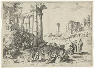 Landskab med flugten til Egypten Maria cum Iosepho i Aegyptum fugit (titel på objekt) Italienske landskaber med bibelske scener (serietitel) af Willem van Nieulandt (II)