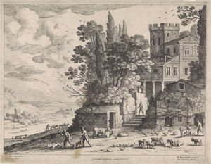 Landskab med hus, figurer og kvæg