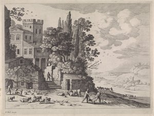 Landskab med hus, figurer og kvæg af Willem van Nieulandt (II)