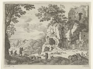 Landskab med en ruin Italienske landskaber (serietitel) af Willem van Nieulandt (II)