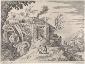 Landskab med en vandmølle og den barmhjertige samaritaner Italienske landskaber (serietitel) af Willem van Nieulandt (II)